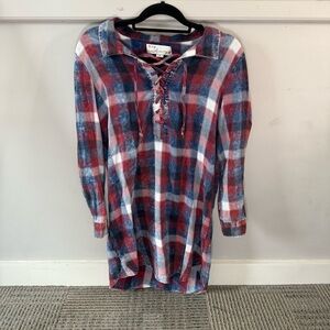 Vintage Havana Red Blue White Plaid Lace-Up Tunic Top Dress Collared